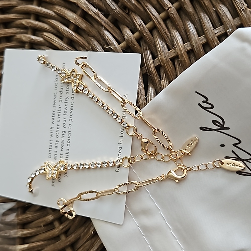 ETTIKA(Revolve),Butterfly & Chain Link Anklets Pair,Clear Stone, 18k Gold Plated - Picture 5 of 8